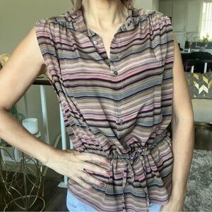 Bagarre 100% Silk Striped Sleeveless Buttoned Blouse Top belted Vtg Multicolor M